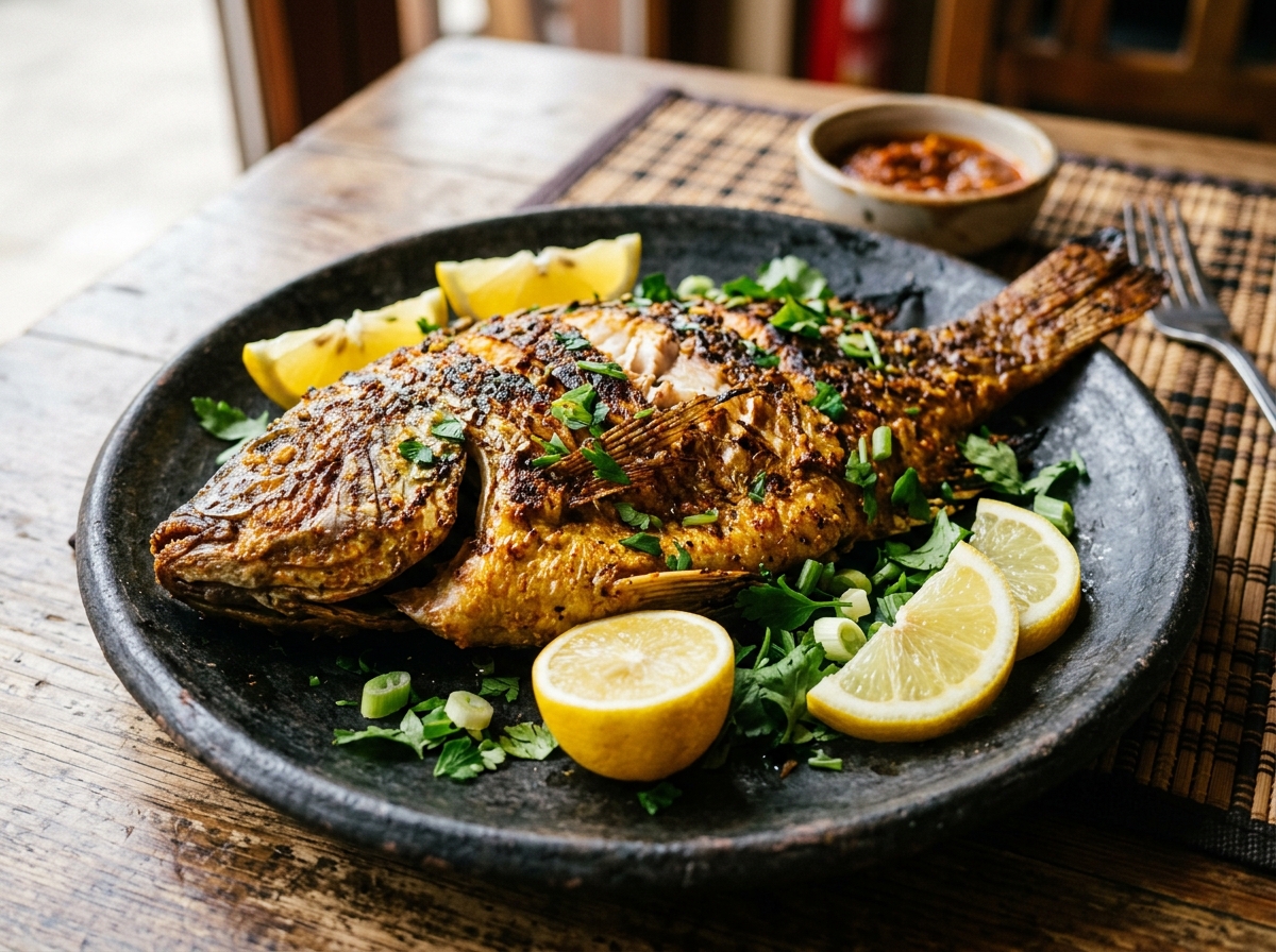 Seasoned golden grilled fish fillet with fresh lemon wedges at AJ's Kitchen Pretoria