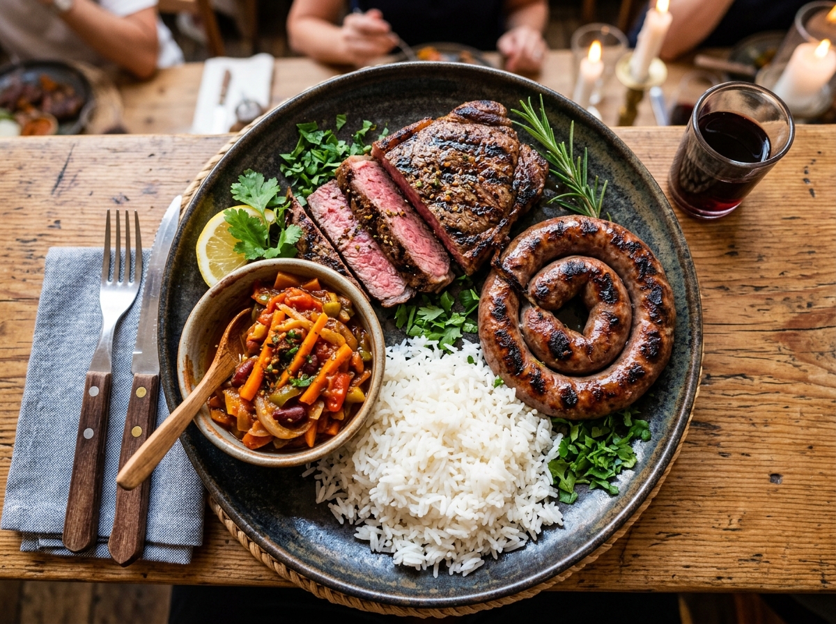 Grilled steak and traditional boerewors combo platter with pap and chakalaka in Sunnyside Pretoria