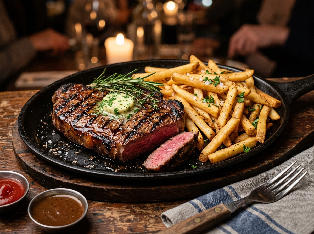 Flame-grilled seasoned beef steak with golden French fries at AJ's Kitchen Pretoria