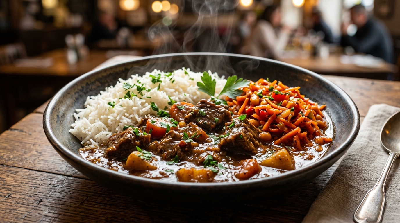 Rich homemade South African beef stew with rice and chakalaka served hot at AJ's Kitchen in Arcadia Pretoria