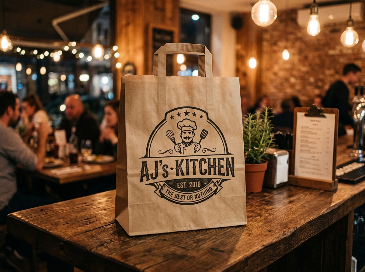 AJ's Kitchen eco-friendly branded takeaway packaging for food orders in Arcadia and Sunnyside Pretoria